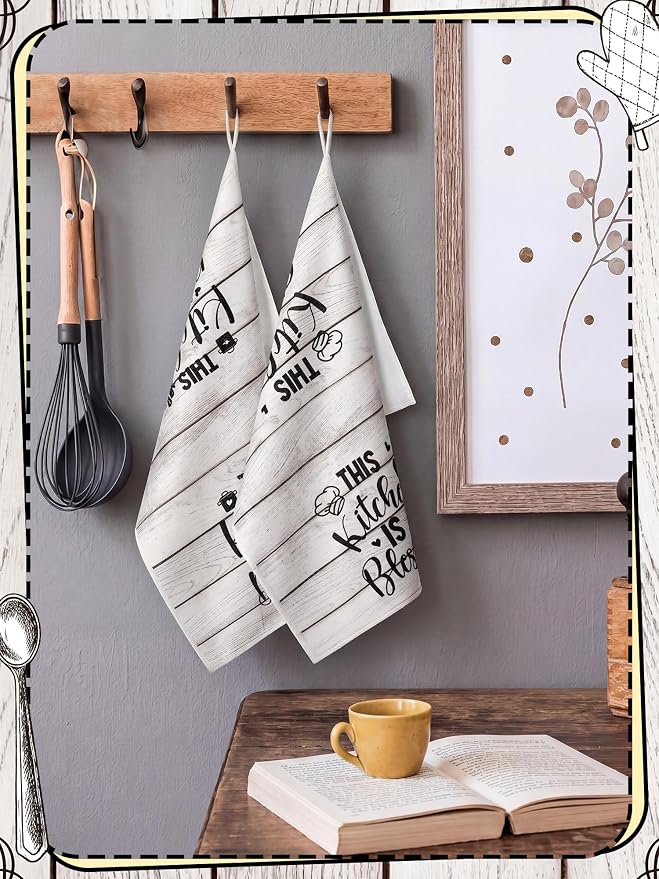 4 Pcs Wood Grain Kitchen Towels Happiness Dish Towels Gifts | Absorbent Hand Tea Dishcloths with Hanging Loop Heart of the Home Quote for Home Housewarming Gift Funny Kitchen Decor