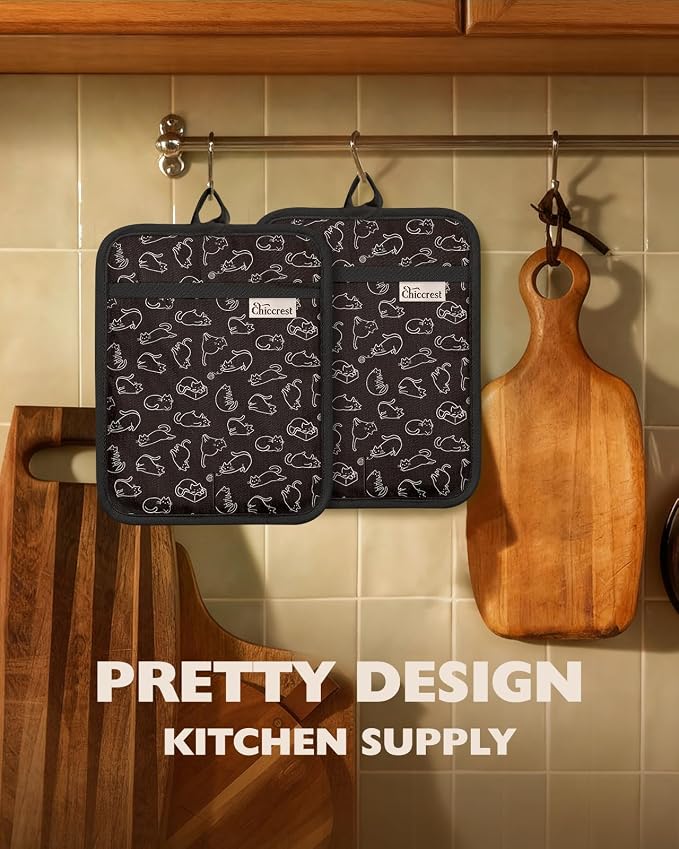 100% Thick Cotton Pot Holders Ribbed Soft Silicone Cute Cats | Stylish Pot Holders with Pockets, Ribbed Soft Silicone, Machine Washable Non-Slip Heat Resistant Hot Pads 2pcs, Kitchen Gift