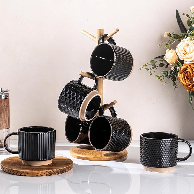 GBhome 12 OZ Stackable Coffee Mugs Set of 6, Ceramic Black Coffee Cups Set | 3 Assorted Designs, Embossed Mugs with Texture Patterns for Tea/Latte/Cappuccino, Dishwasher&Microwave Safe