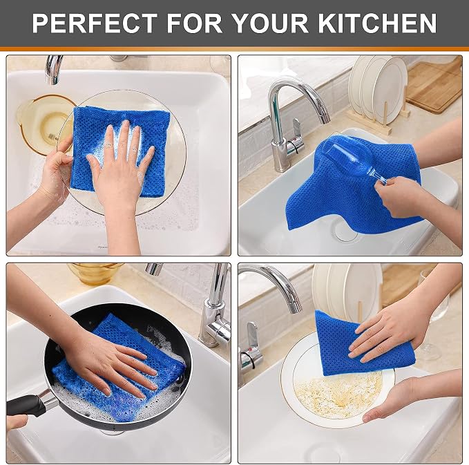 Kitinjoy 100% Cotton Waffle 6-Pack Kitchen Towels, 12" x 12", Blueberry | Ultra Absorbent, Super Soft, lightweight, Quick Drying Dish Rags for Washing Dishes