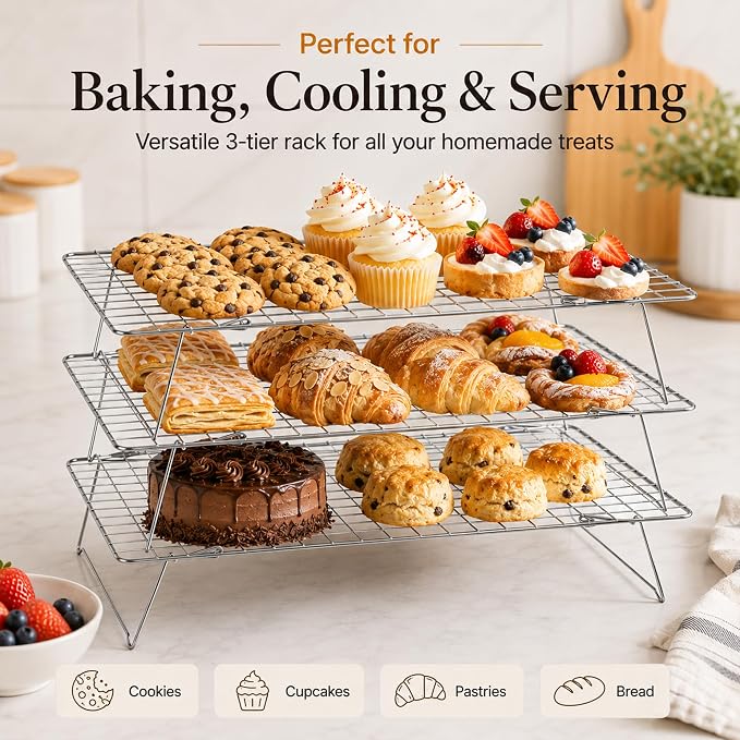 Cooling Rack 16"x10", 3-Tier Stackable & Collapsible Cooling Racks | Cooling Racks for Cooking and Baking, Roasting, Grilling, Oven & Dishwasher Safe (Silver, 3-Tier)