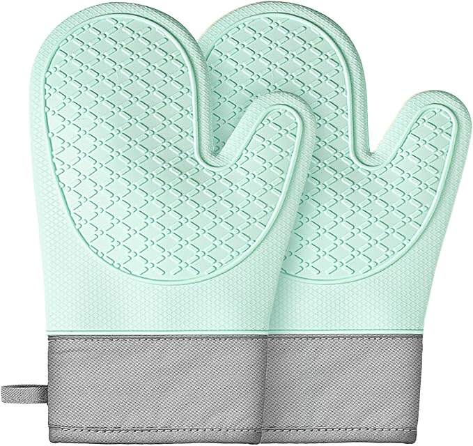 Silicone Oven Mitts (2 PCS), Waterproof Non Slip Grip Oven Gloves with Thick Soft Cotton Lining, Universal Fit Heat Resistant Kitchen Gloves for Baking, BBQ, Cooking and Grilling-Green