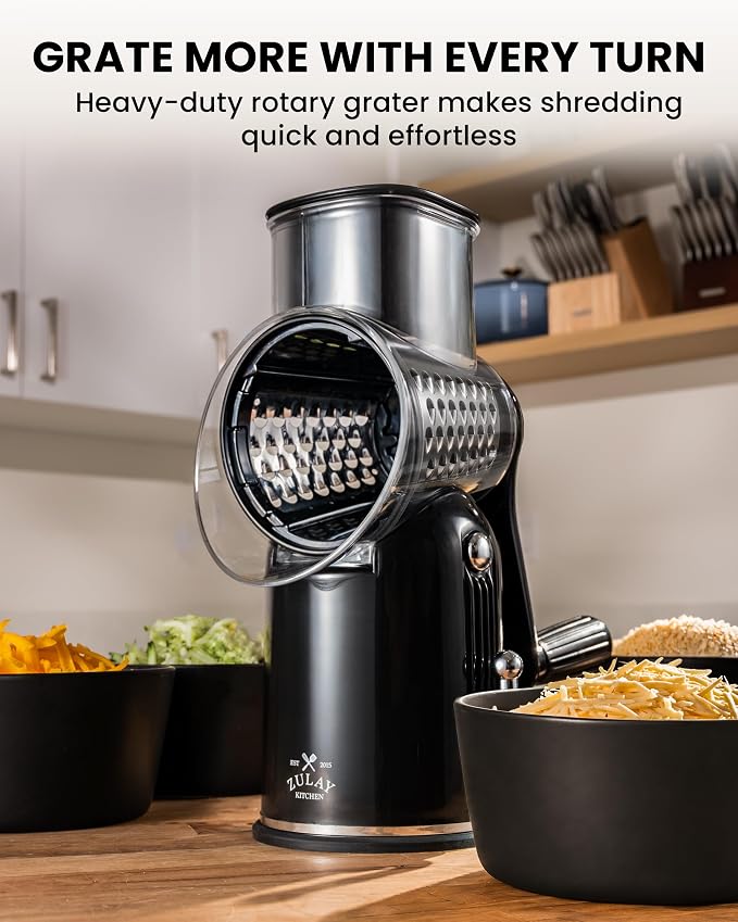 Zulay Kitchen Rotary Cheese Grater 5 Blade Cheese Shredder - Manual Hand Crank Cheese Grater With Reinforced Suction & 5 Interchangeable Drums - Easy to Use, Vegetable Chopper Round Mandoline Slicer