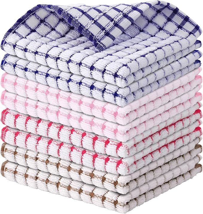 Kitinjoy Cotton 8 Pack Terry Kitchen Dish Cloths, Mix Colour | 12 x 12 Inches Super Soft and Absorbent Dish Rags, Quick Drying Dish towels for Washing Dishes