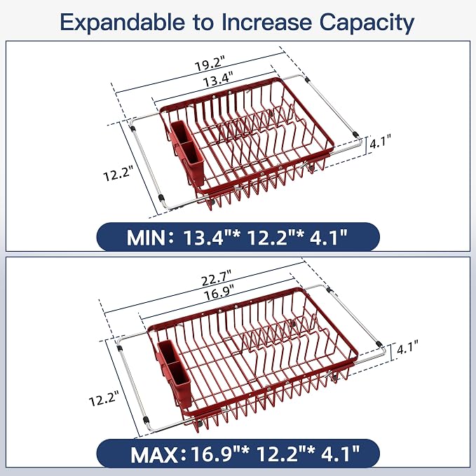 JASIWAY Red Dish Drying Rack Over the Sink with Utensil Holder | Expandable Stainless Steel Dish Driainers for Small Kitchen, Counter Space Saving, Fast Drain, Rust Resistant, For Apartment