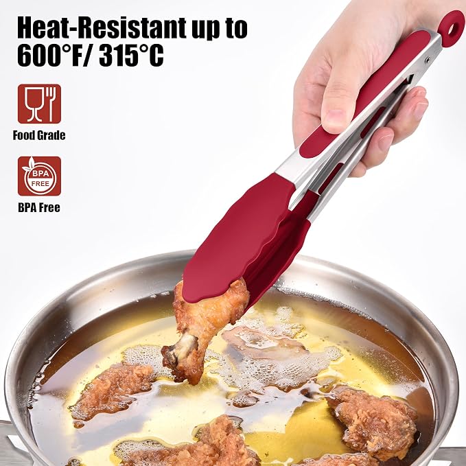 Doosu Kitchen Tongs with Silicone Tips for Cooking Serving (9in, Red) | 600°F Heat Resistant Food Tong, Heavy Duty Stainless Steel Locking Tong for BBQ, Grilling Steak, Salad, Toast, Pasta