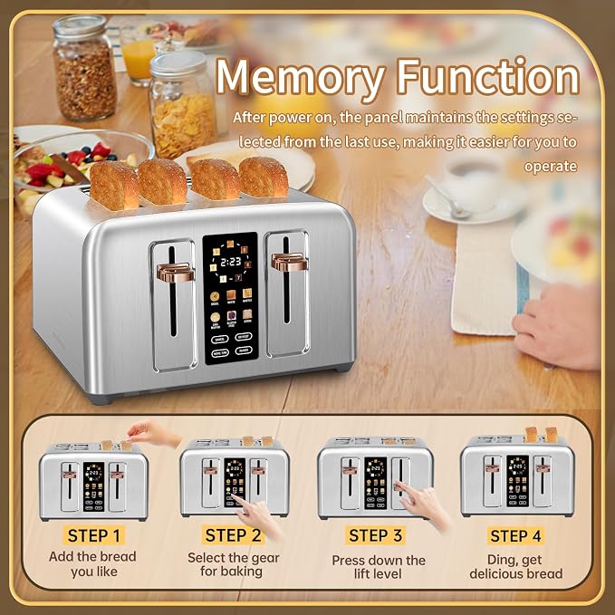 SEEDEEM 4 Slice Stainless Steel Toaster, 1.5" Wide Slots, Silver Metallic | Toaster 4 Slice, 6 Bread Type, 7 Shade Settings, 1.5'' Wide Slots, Cancel/Defrost/Reheat, Removable Crumb Tray, 1800W