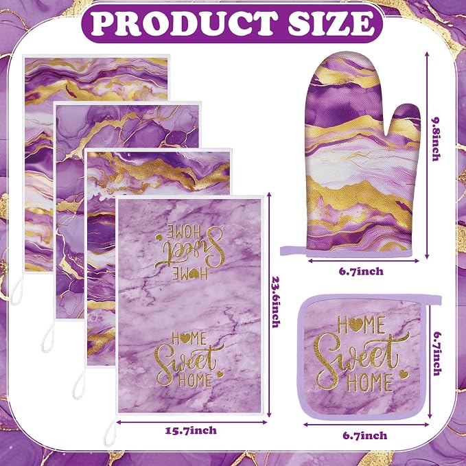 Leinuosen 8 Pcs Purple and Gold Marble Kitchen Towels and Dishcloths Sets Oven Mitts and Pot Holders Absorbent Kitchen Gloves Potholders Heat Resistant for Chef Baking Cooking