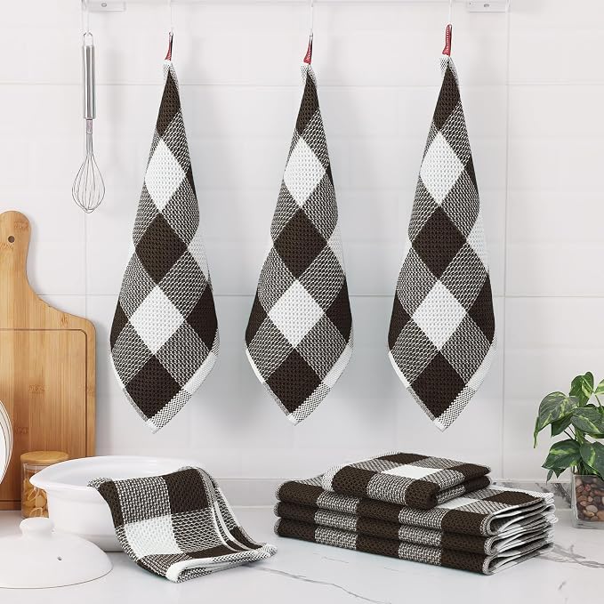 Homaxy Kitchen Towels and Dishcloths Set, Set of 12, White & Dark Brown | Bulk Cotton Waffle Weave Check Plaid Kitchen Towels, Super Soft and Absorbent Dish Cloths, 12 x 12 and 13 x 28 Inches