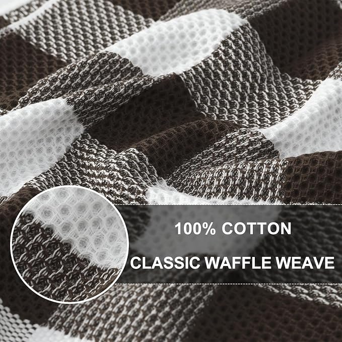 Homaxy Kitchen Towels and Dishcloths Set, Set of 12, White & Dark Brown | Bulk Cotton Waffle Weave Check Plaid Kitchen Towels, Super Soft and Absorbent Dish Cloths, 12 x 12 and 13 x 28 Inches