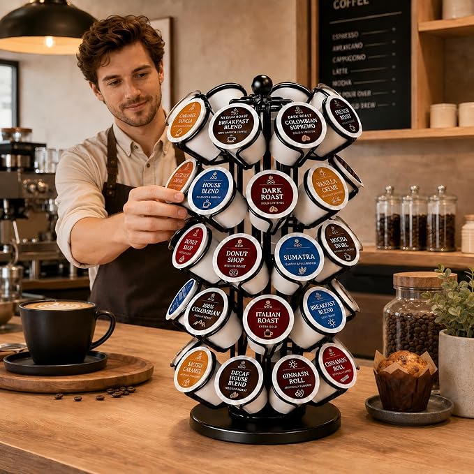 K Cup Holder, Coffee Pod Holder Storage Organizer Stand, 40 Pods Carousel | K Cup Carousel,Polished Top Ball,360°Rotating K Cup Organizer,Stable Base,Space-Saving for Countertop,No Assembly Required