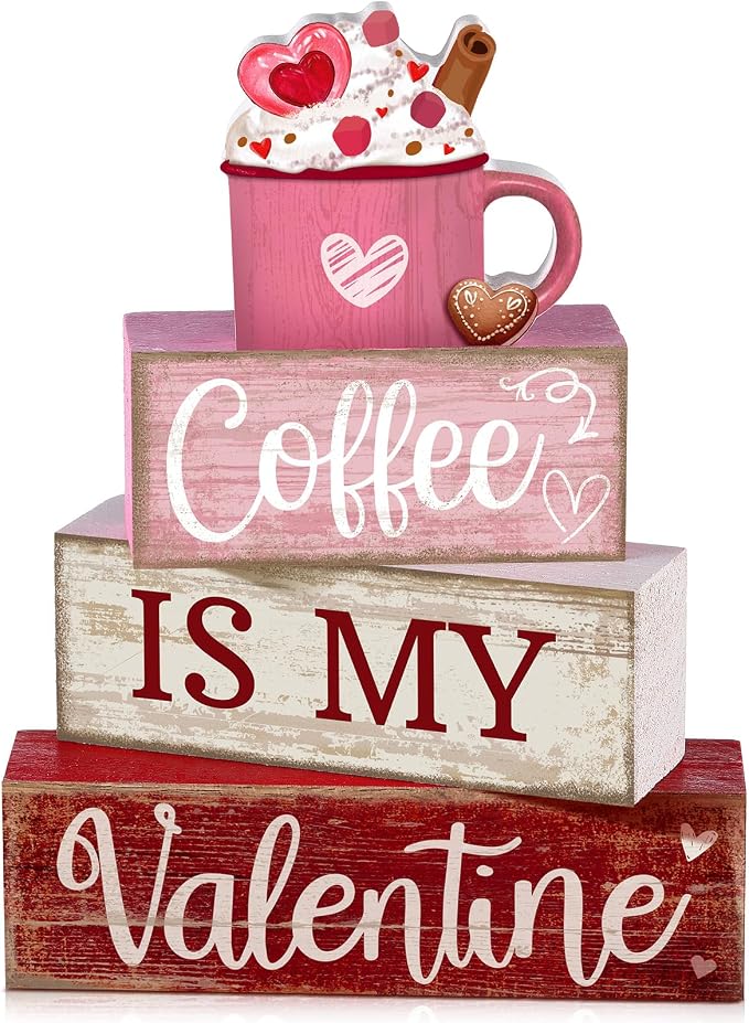 Lineshading 4 Pcs Valentine Coffee Wood Block Signs, Tiered Tray Decor | Rustic Farmhouse Stackable Blocks, Distressed Wood Finish, 3D Mug Topper, Kitchen Coffee Bar Tabletop Centerpiece