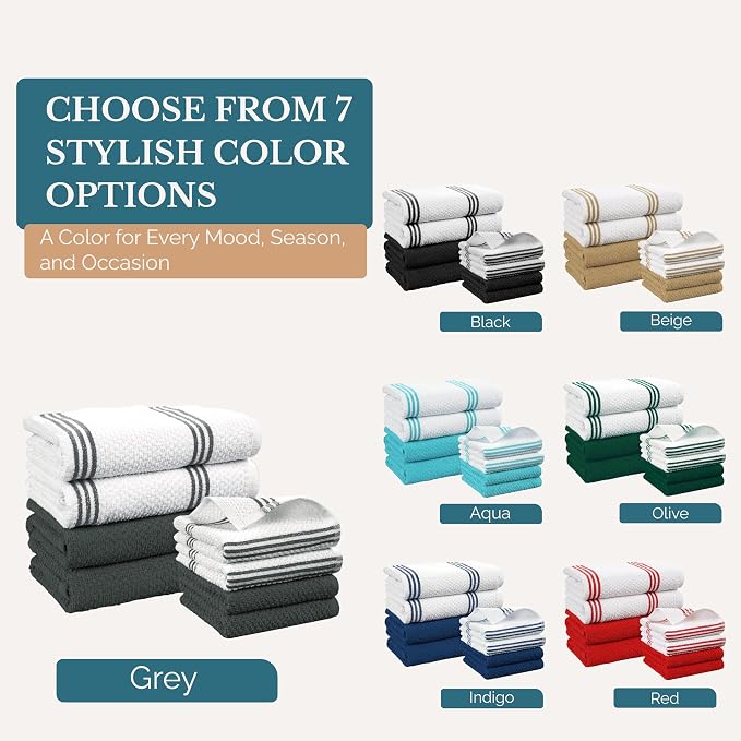 Casa Platino Kitchen Towel Set 8 Pc - 4 Dish Towels (16"x26") & 4 Dish Cloths for Washing Dishes (13"x13") - Absorbent Tea Towels, Quick Drying & Durable Cleaning Cloths, Easy Care Wash Rags - Grey.