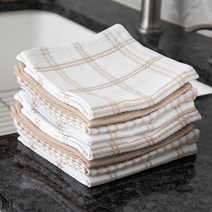 T-Fal Premium Waffle Dish Cloths: Highly Absorbent, Super Soft Long Lasting - 100% Cotton, 12"x13" Towel for Cleaning & Drying, (8-Pack), Sand
