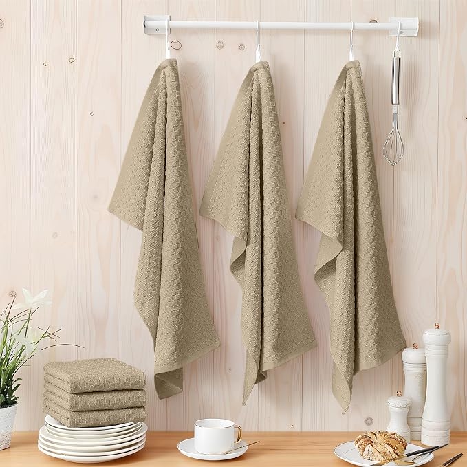 Homaxy 100% Cotton Terry Kitchen Towels(15" x 25", 4 Pack), Tan | Soft and Super Absorbent Dish Towels, 380 GSM Reusable Tea Towel with Hanging Loop, Pineapple Grid Designed