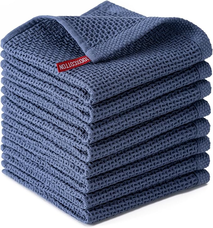 Kitchen Towels 8-Pack Kitchen Dish Cloths,100% Cotton,12x12 In,Navy Blue | Towels Waffle Weave,Ultra Soft Absorbent, Quick Drying