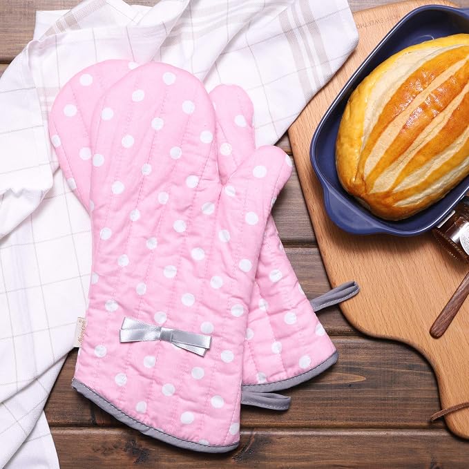 NEOVIVA Kitchen Oven Mitts for Adults,Heat Resistant Cotton Oven Gloves | Set of 2,for Cooking,Baking,Kitchen Gloves for Farmhouse Restaurant,Polka Dots Pink