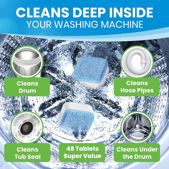Washing Machine Cleaner & Descaler Tablets, HE Washer Deep Cleaning, 48 Ct | For front & top load laundry washers. Helps maintain a clean drum, septic safe, eco-friendly freshener - 24 Month Supply