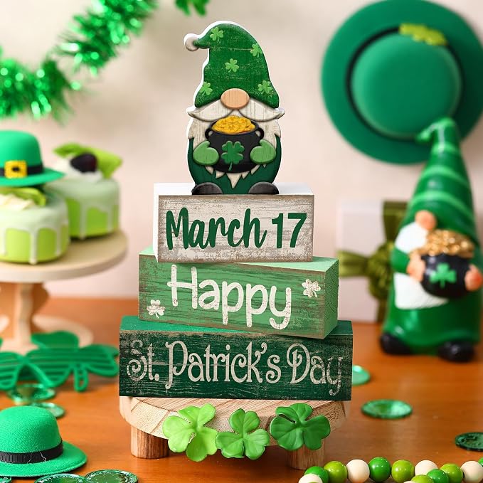 Lineshading 4 Pcs St Patricks Day Tiered Tray Decor Wooden Gnome Blocks | Rustic Farmhouse Table Decor with March 17 Date Block, Stacked Signs, Shamrock Gnome Topper for Mantle or Shelf Displays