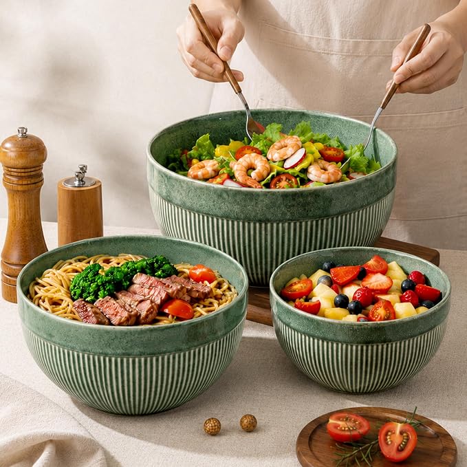 GBhome Ceramic Mixing Bowls Set of 3, Stoneware Nesting Serving Bowls, | 45/90/150 oz For Prep, Baking, Serving, Gift, Microwave and Dishwasher Safe, Ribbed Dishware Collection,Dark Green