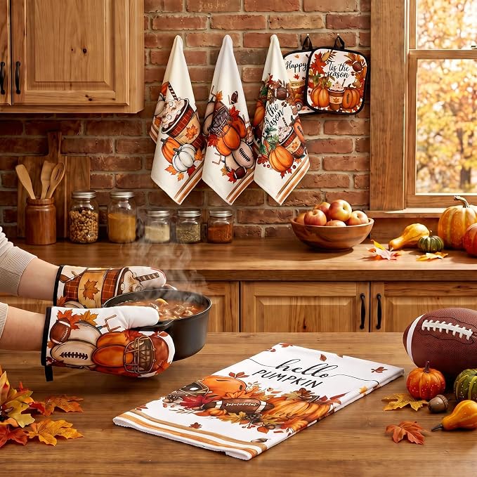 Fanfanwin 10 Pcs Fall Football Kitchen Decor and Accessories Set Autumn Kitchen Towels Pot Holders Oven Mitts and Rugs Set Football Decorations for Home Baking Cooking BBQ Housewarming Gifts
