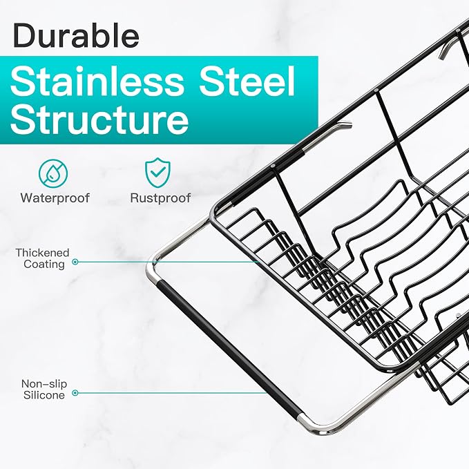 JASIWAY Black Dish Drying Rack in Sink with Drainboard and Utensil Holder | Use Over the Sink or Counter, Stainless Steel Expandable Dish Drainer for Small Kitchen, Space Saving, Fast Drain, Rustproof