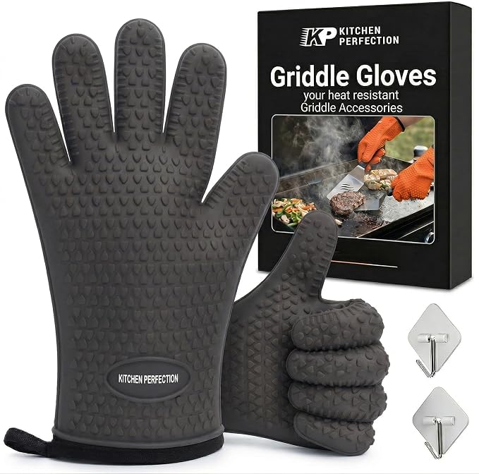 KITCHEN PERFECTION XL Silicone Griddle Gloves - Heat Resistant Oven Mitts | Waterproof, 5-Finger Design For A Better Grip, Best Griddle Grilling Accessories, Compatible with Blackstone, Weber & More