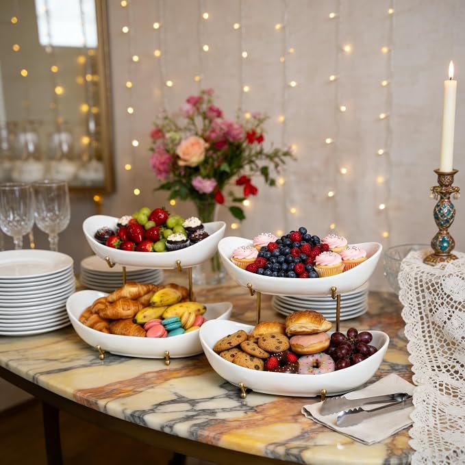 HBlife Large Tiered Fruit Bowl for Kitchen Counter - 2 Tier Ceramic Fruit Basket, Serving Trays for Party, Gold Rack
