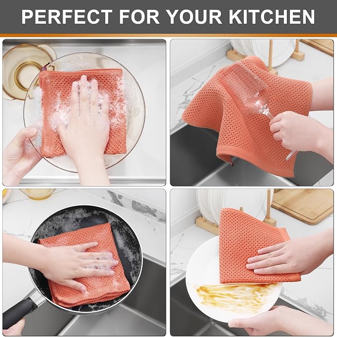 Kitinjoy 100% Cotton Waffle 6-Pack Kitchen Towels, 12" x 12", Coral | Ultra Absorbent, Super Soft, lightweight, Quick Drying Dish Rags for Washing Dishes