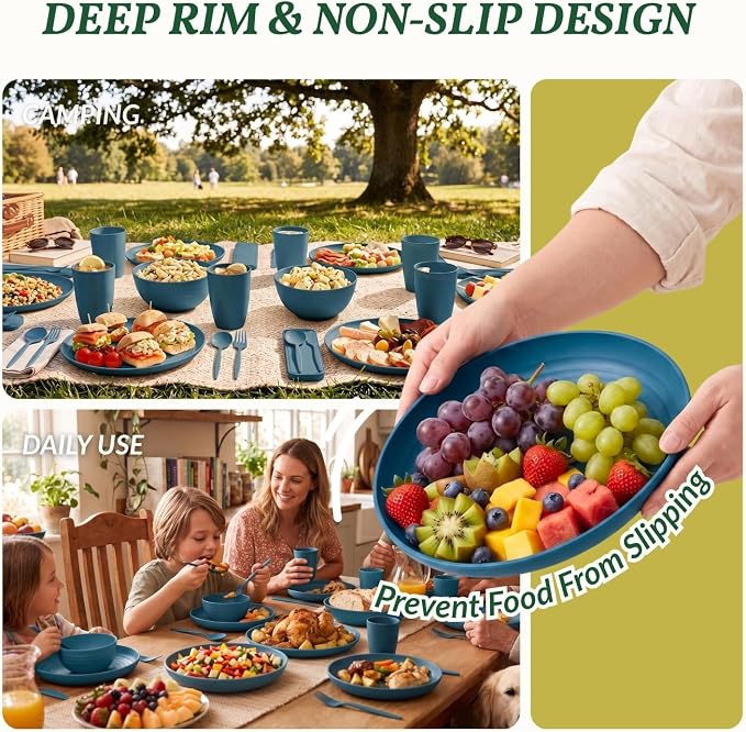 Unbreakable Wheat Straw Dinnerware Sets 28 PCS Kids Plates and Bowls Sets for Kitchen, RV, Party, Travel, Dorm, Camping Dish Set for 4 Lightweight Microwave & Dishwasher Safe(Deep Blue)
