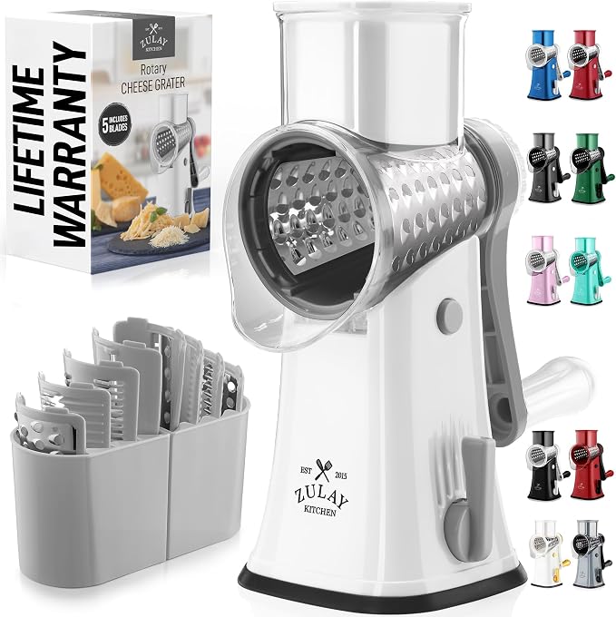 Zulay Kitchen Rotary Cheese Grater 5 Blade Cheese Shredder - Manual Hand Crank Cheese Grater With Reinforced Suction & 5 Interchangeable Drums - Easy to Use, Vegetable Chopper Round Mandoline Slicer