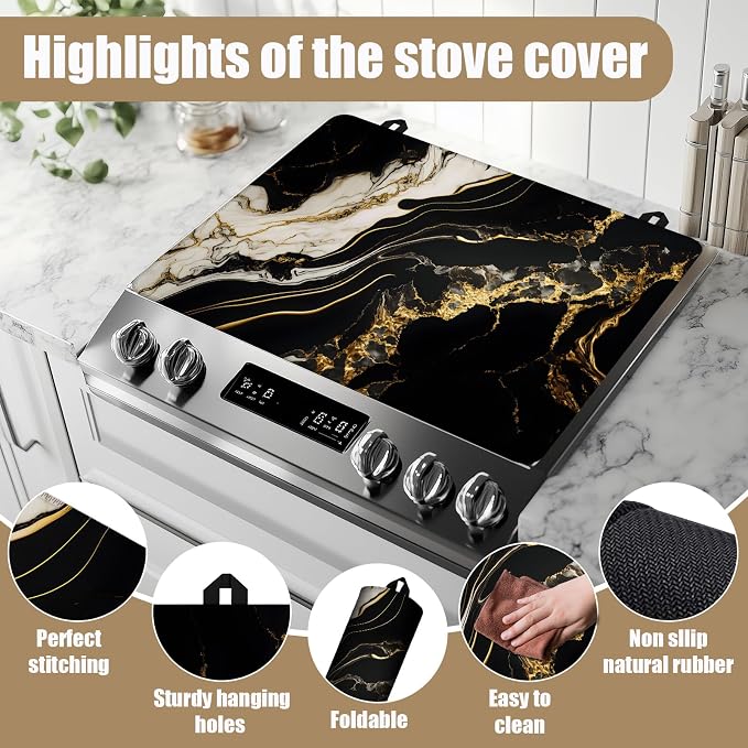 Black Gold Marble Stove Top Covers for Electric Stove, Electric Gas Stove Pad Heat Resistant Range Cooktop Protector for Home Decor Kitchen 28"x20"