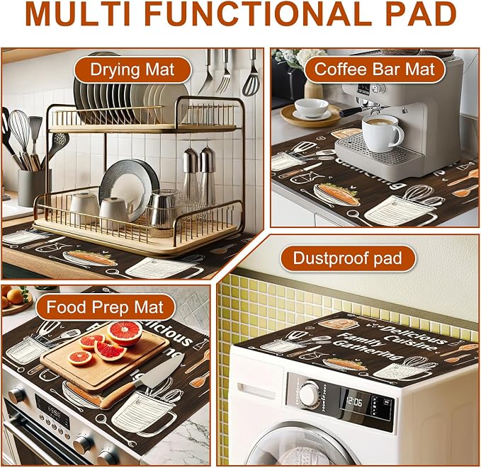 HOMETITUTE Stove Top Covers for Electric Stove Heat Resistant 28x20 Inch Glass Cooktop Protector Counter Mat Kitchen Decorations Dish Drying Mat Wooden Style Delicious Cuisine Design