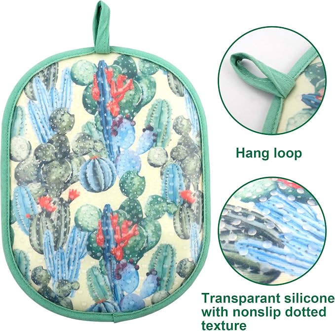 Pot Holders with Transparent Clear Silicone Shell and Nice Cactus Flower | Potholders Cotton Lining Set of 2, Heat Resistant to 500 F Kitchen Oven Gloves for Cooking (Cactus flower, Potholders)