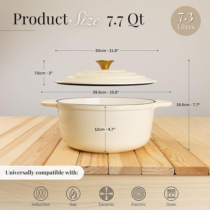Cast Iron Dutch Oven with Lid-Non-Stick Ovenproof Enamelled Casserole Pot - Sturdy Dutch Oven Cookware-Cream, 7.3- Quart, 30cm- by Nuovva