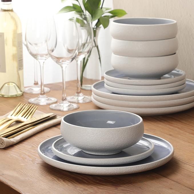 Gibson Elite Pacifco Beach Plates and Bowls Sets, 12-Piece Stoneware Dinnerware Sets, Reactive Glaze Dish Set - Blue