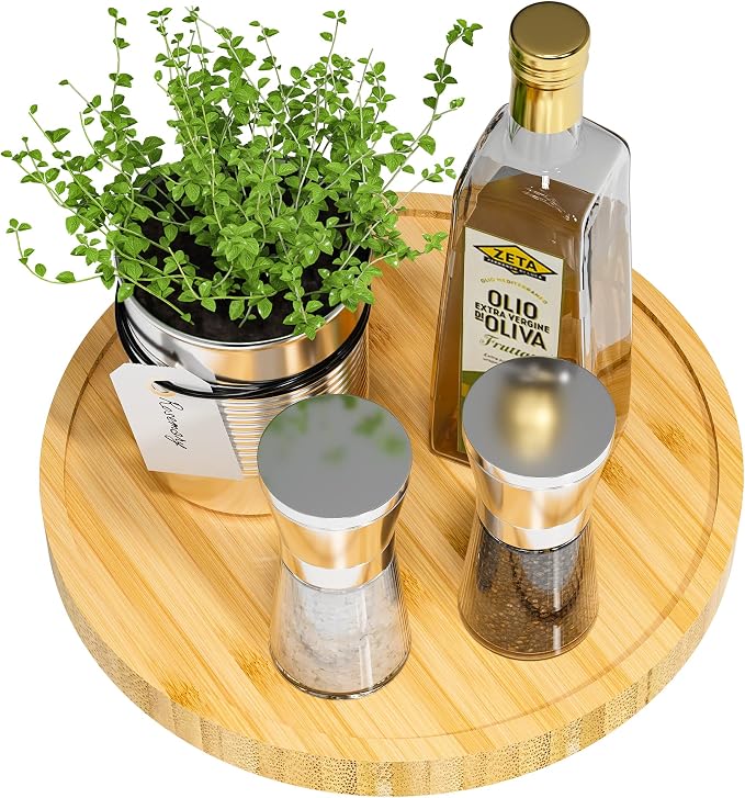 Lazy Susan Organizer, 9 Inch Non-Skid Bamboo Lazy Susan | Table Storage Napkin Holder Vase, Wood Turntable for Kitchen Countertop Organizer
