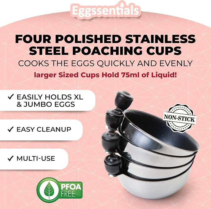 Egg Poacher Insert Stainless Steel Poached Egg Cooker Eggs Poaching Cup PFOA Free Egg Poachers Nonstick, 7.25" Rack Compatible with Skillet Instant Pot Pressure Cooker, 4 Poached Cups