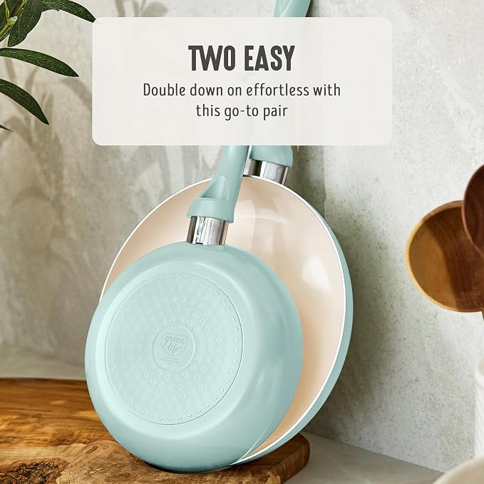 GreenLife 2 Piece (8" & 10") Ceramic Nonstick Skillet Set, Mint Green | PFAS-Free Nonstick Coating, Frying Pans, Omelet Pans, Everyday Pan, Induction Ready, All Stovetop Compatible, Dishwasher Safe