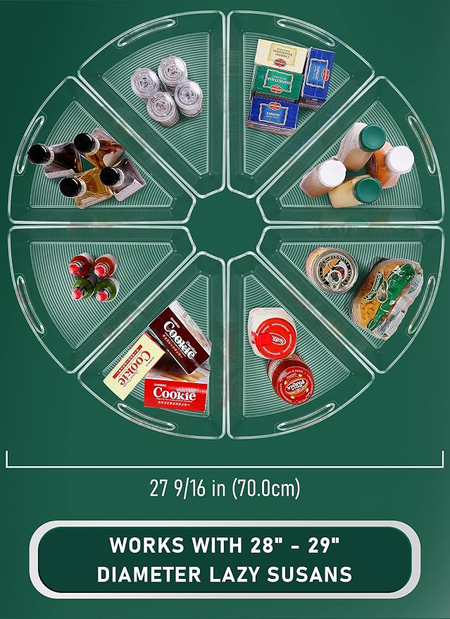 Lazy Susan Cabinet Organizer Bins for 26"/ 28"/ 32" Diameter | Corner Organizer, Plastic Cabinet Storage Bin, 1/8 Wedge - Food Safe, BPA Free, with Non-Slip Pads (for 28" Diameter, 8 Pack)