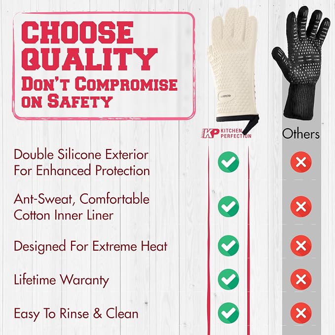 KITCHEN PERFECTION XL Silicone Smoker BBQ Gloves Heat Resistant Oven Mitts | Made For Women, Waterproof, 5-Finger Design For A Better Grip, For Meat Smoking, Grilling, Cooking, Frying Turkey, Grill Gift
