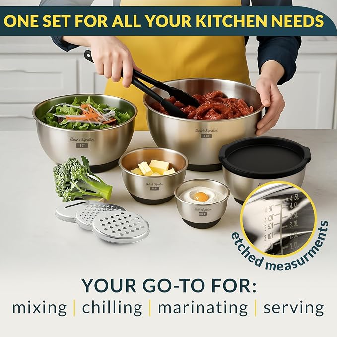 Stainless Steel Mixing Bowls with Lids Set of 5, 3 Graters, Black | Nesting Design with Airtight Covers & Non-Slip Base – Mirror Finish for Food Prep, Storage, Baking & Serving