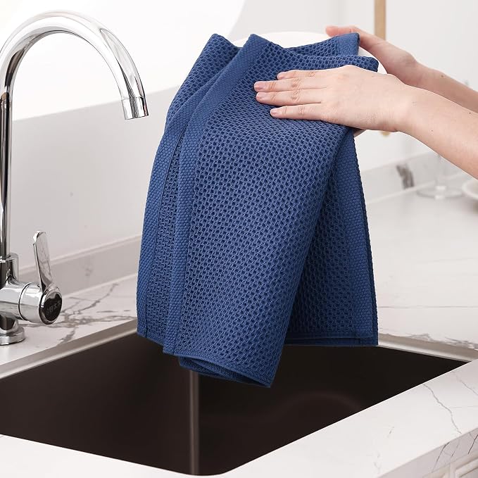 Homaxy 100% Cotton Oversized Waffle Weave Kitchen Towels 8-Pack, Navy Blue | 20 x 28 Inches, Ultra Soft Absorbent Dish Towels, Quick Drying Large Cleaning Towels