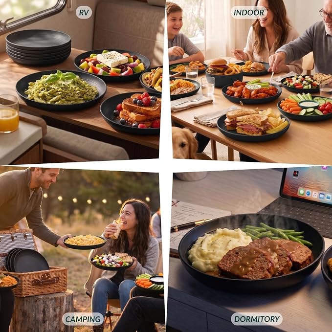 Wheat Straw Plates Set - 11 inch Reusable Large Dinner Plates Set of 8, Lightweight Unbreakable Salad Plates, Microwave and Dishwasher Safe Plates, Deep Plates for Dinner, Camping - Black
