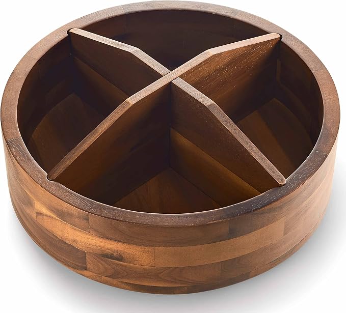 TIDITA 12" Wooden Lazy Susan Organizer with 4 Dividers, High Rim, Rotate | 360° Rotation, Acacia Wood, Non-Skid Pads, Removable Dividers, Wooden Round Serving Turntable for Tabletop, Multi-Use