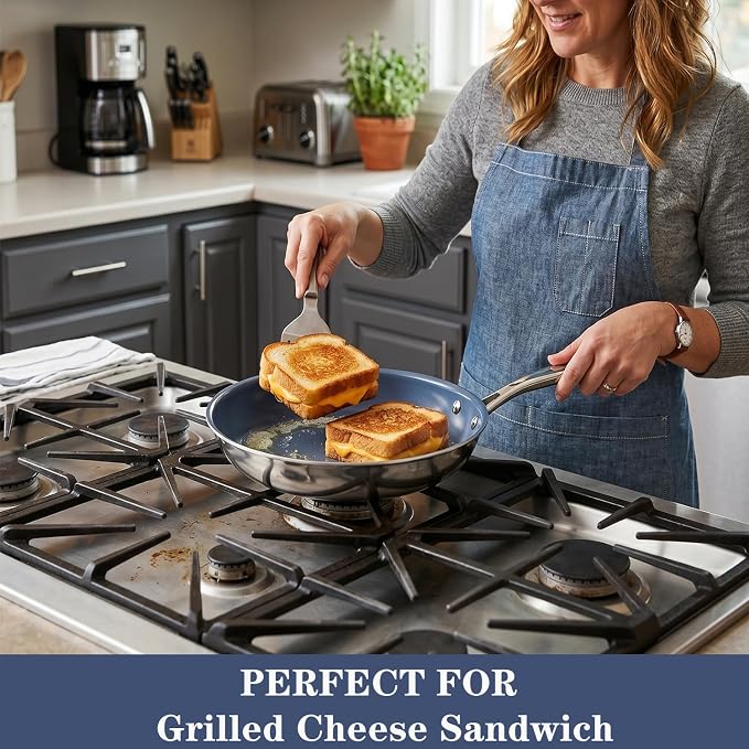 10 Inch Stainless Steel Ceramic Non Stick Frying Pan Skillet with Lid - PFOA Free, Oven Safe 550°F, Dishwasher Safe, Induction Compatible, For Searing Steaks, Cooking Eggs & All Stovetops