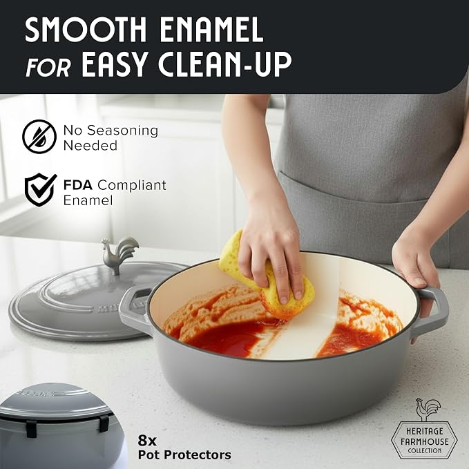 MUELLER HOME 5.5 Quart Enameled Cast Iron Oval Dutch Oven with Rooster Knob & Cotton Potholders, Heavy-Duty Cookware, Oven-Safe up to 500° F & Across All Cooktops, Gifts for Grandma & Women, Gray | Rooster Knob, Cotton Potholders Included, Oven-Safe up...