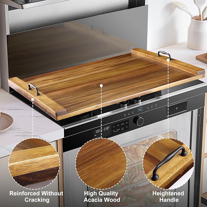 Garvee Acacia Wood Noodle Board Stove Cover 30x22 in, Stove Top Cover | Large Cutting Board Butcher Block with Dual Handles, for Electric & Gas Stovetop