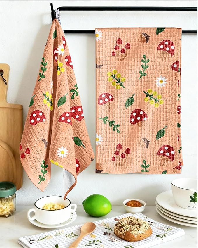 370GSM Cotton Waffle Kitchen Towels, Mushroom | Pure Cotton, Sustainable, Waffle Weave, Terry Cloth, Highly Absorbent, Decorative, 16"x25", with Hanging Loop