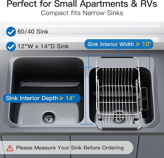 JASIWAY Sink Small Dish Drying Rack with Utensil Holder, for RV, Apartment | Over Sink Expandable Stainless Steel Dish Drainers for Compact Kitchen, Space Saving, Fast Drain, Rustproof, For 1-2 people